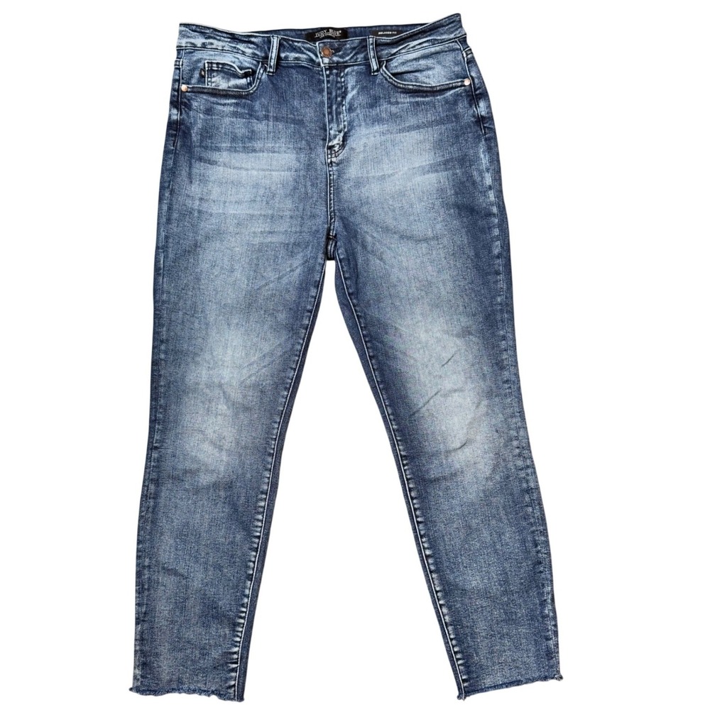 Judy Blue Relaxed Fit Distressed Back Pocket Raw Hem Ankle Jeans Blue Sz 15/32